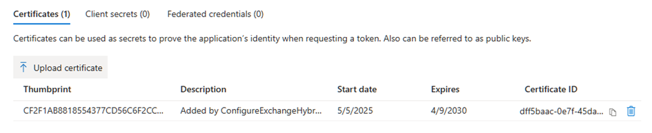 Exchange Hybrid dedicated app client credential
