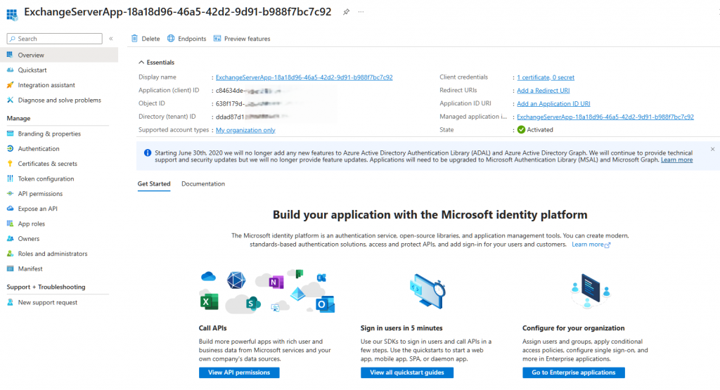 Exchange Hybrid dedicated application in ENTRA
