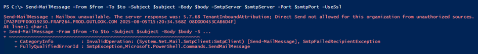 Error message when you try to use Direct Send after disable it.