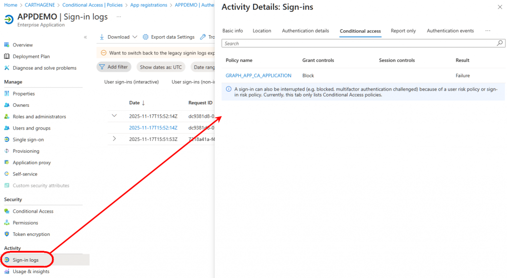 Sign in log of the service principal