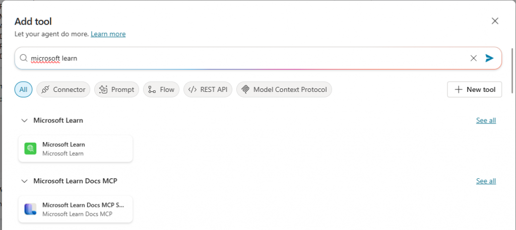 Copilot studio new agent - Add tool