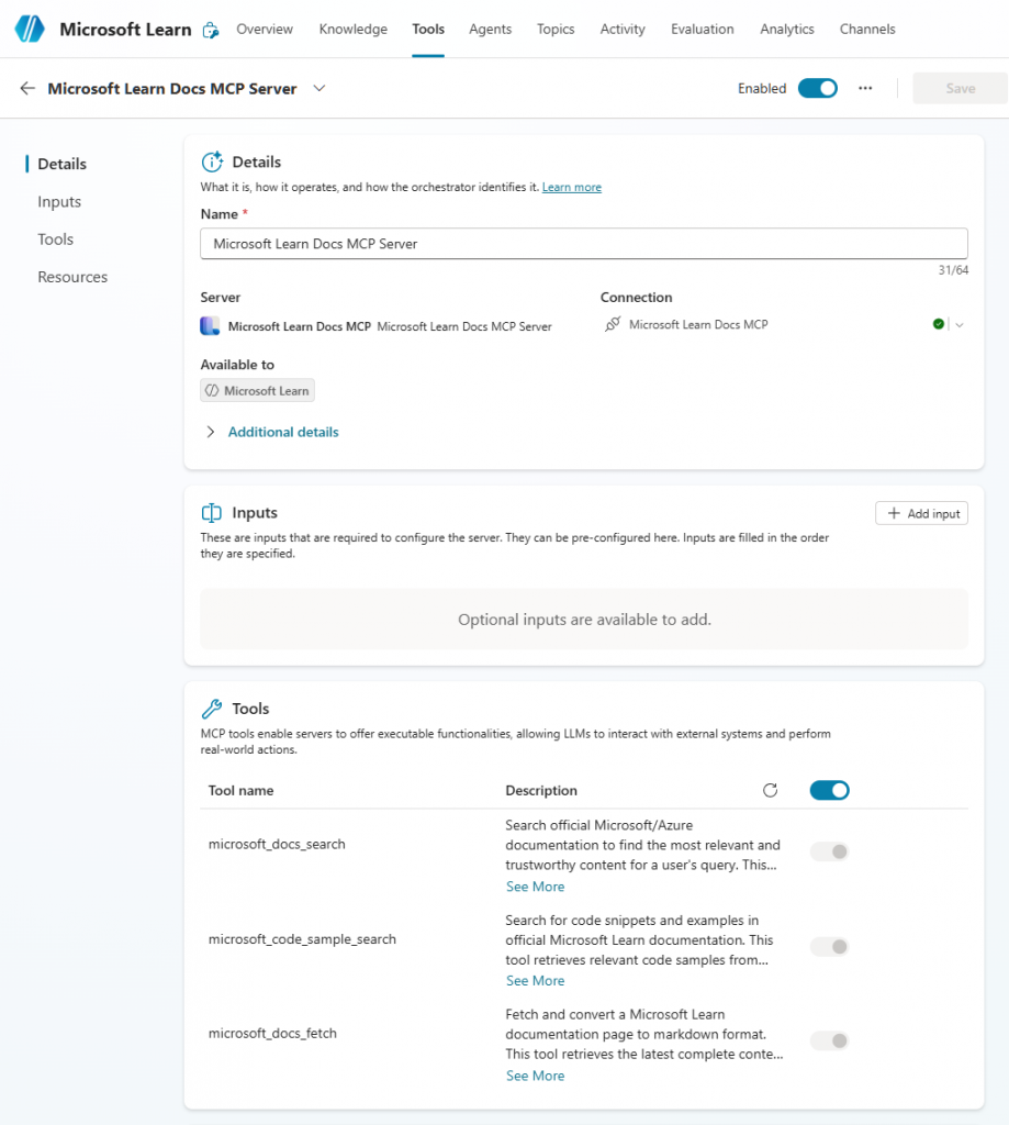 Copilot studio new agent - Check MCP features