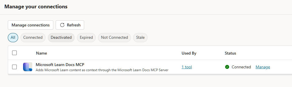 Copilot studio new agent - Check connection status