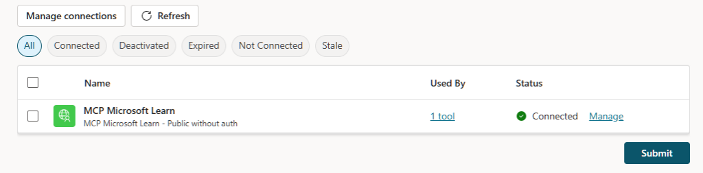 Copilot studio new agent - Validate and connect MCP connection