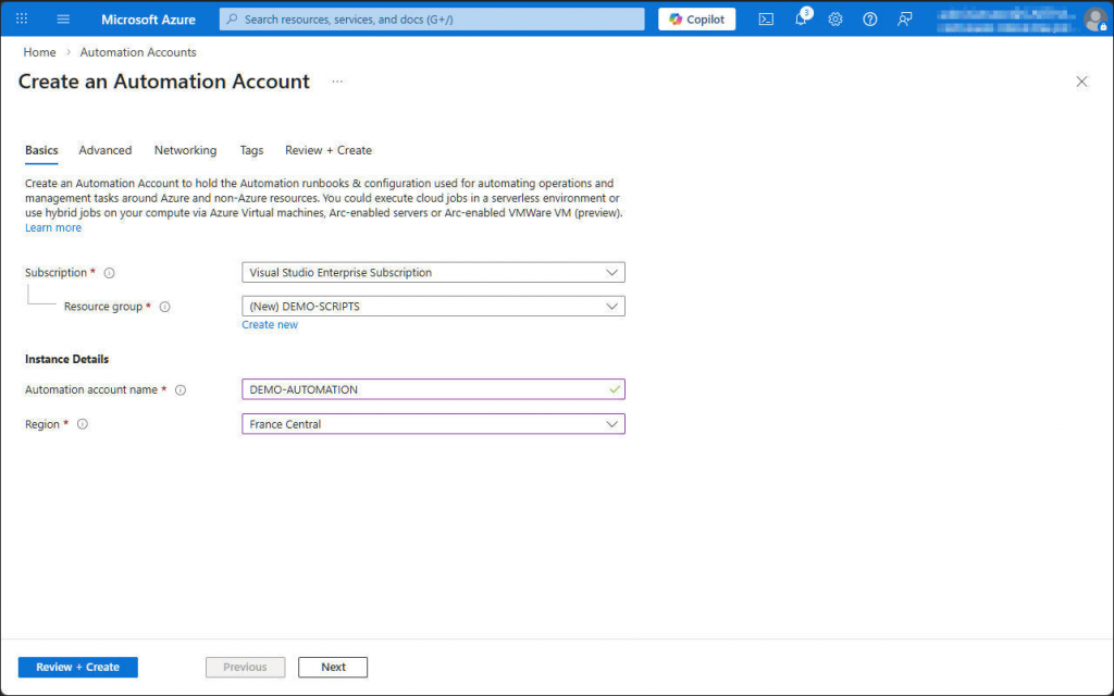 Azure - Create an automation account