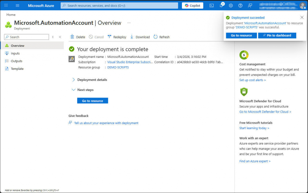 Azure - Create an automation account