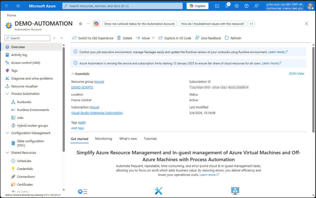 Azure - Create an automation account
