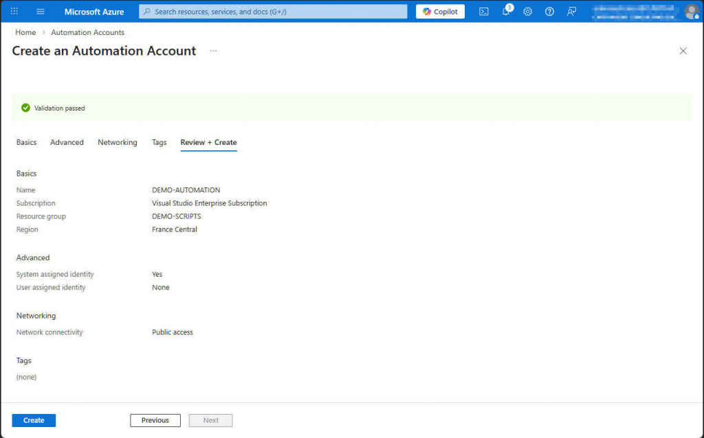 Azure - Create an automation account
