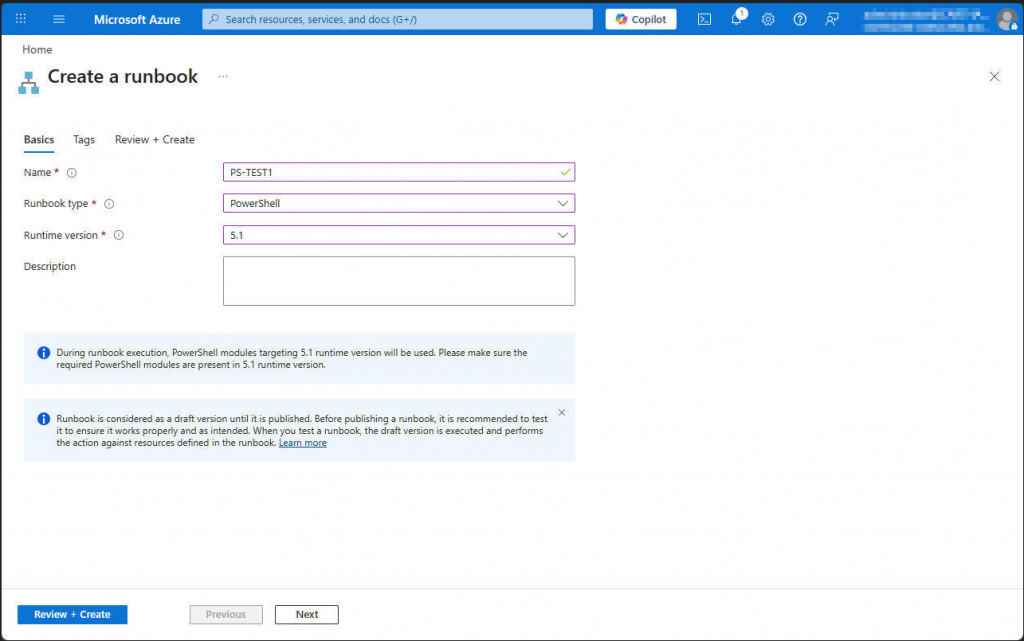 Azure - Create a runbook with Powershell runtime