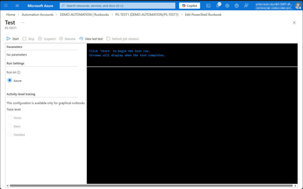 Azure - Use test pane for testing script