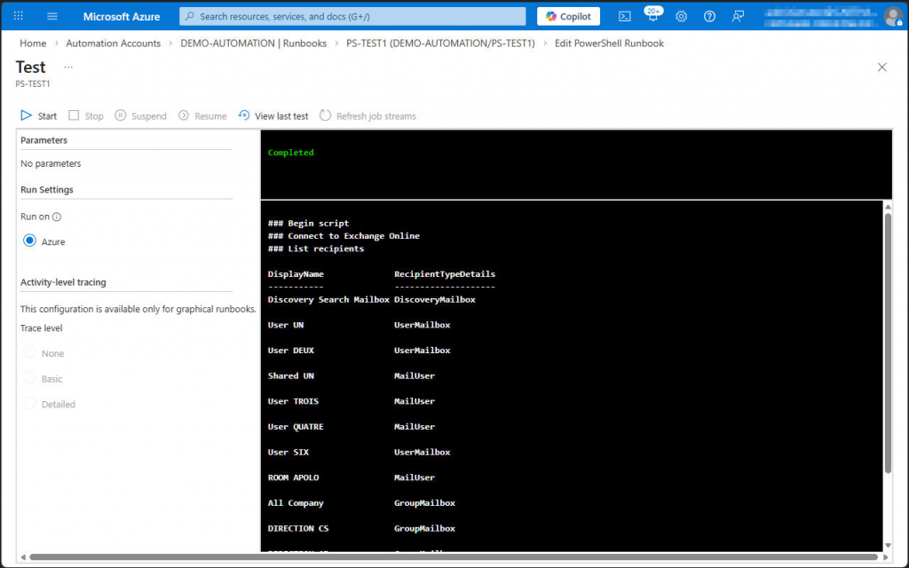 Azure - Run Powershell in test pane
